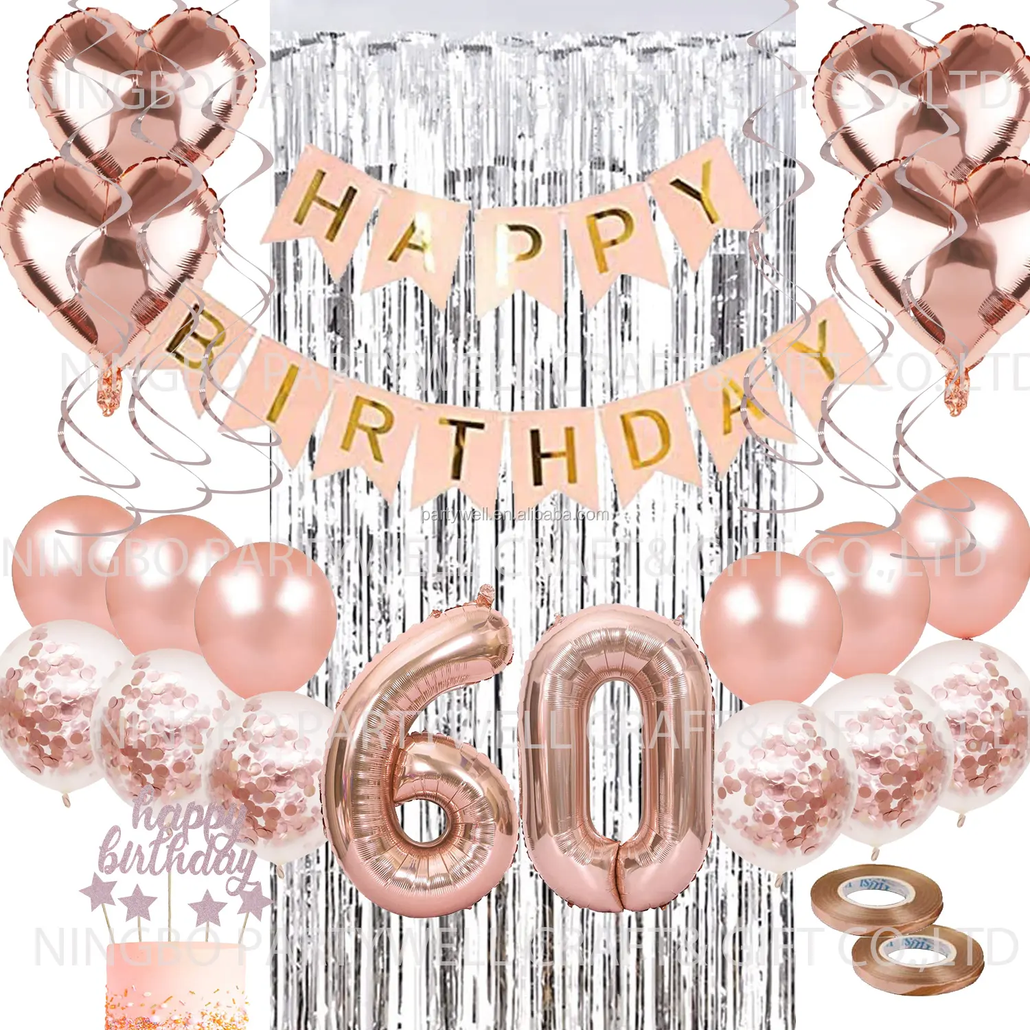 60 Rose Gold Happy Birthday Party Supplies with Banner, Foil Balloon, Curtain,Cake Topper,swirl Set For Women Girls