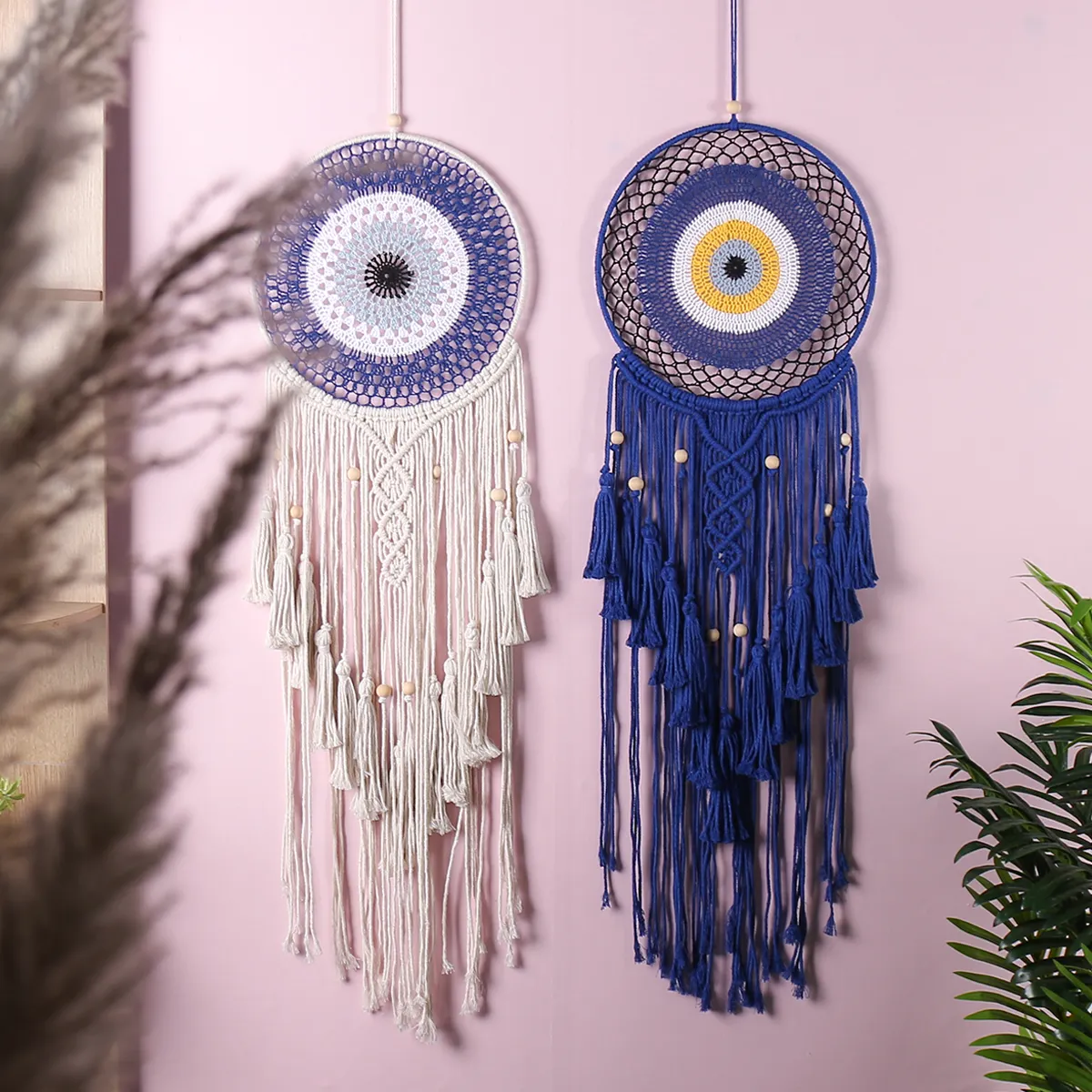 Desain baru Macrame bulat permadani gaya Bohemian mata jahat dekorasi dinding buatan tangan tenun tali katun permadani