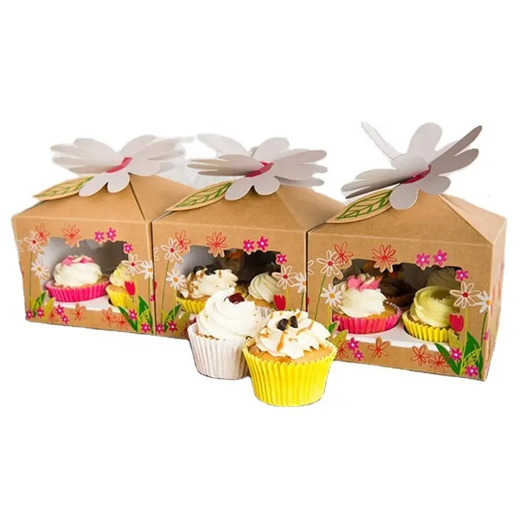 Kotak Cupcake Kustom dengan Desain Bunga dan Jendela dan Nampan Bagian Dalam Cocok untuk Toko Memanggang Menampilkan Kemasan Makanan Penutup Pesta