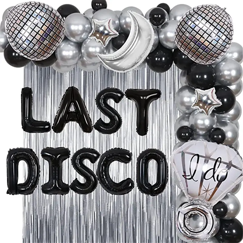 Silver Black Disco Theme Bachelorette Party Decoration Disco Ballon Silver Rain Curtain Moon Aluminum Film Balloons Set