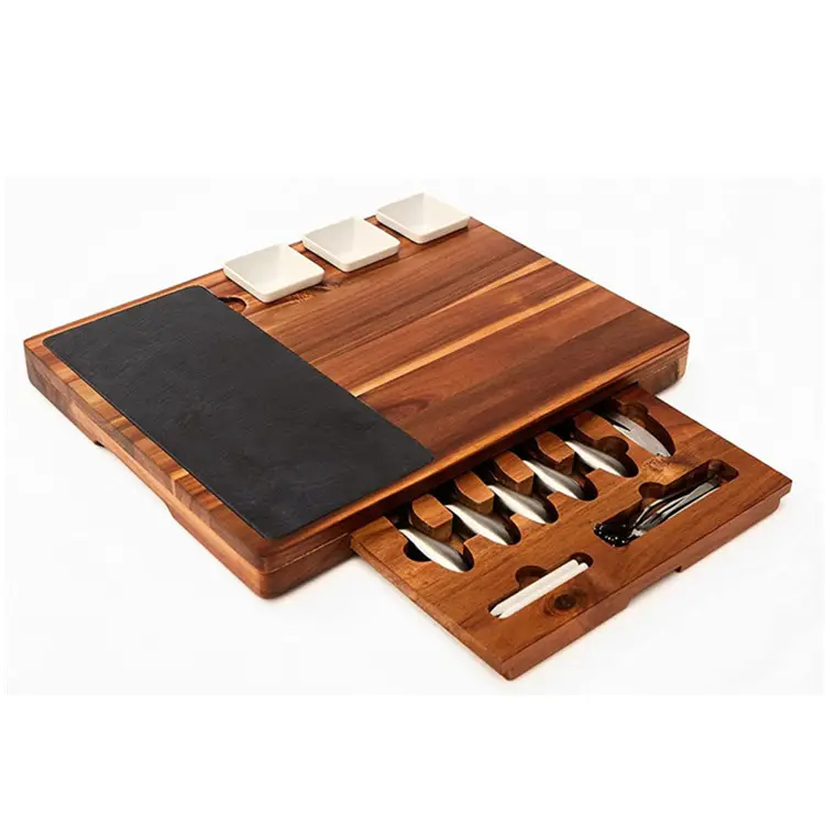 Plateau de service de luxe personnalisé pour craquelins de vin et charcuterie ensemble planche à fromage et couteau en bois d'acacia de qualité supérieure avec tiroir