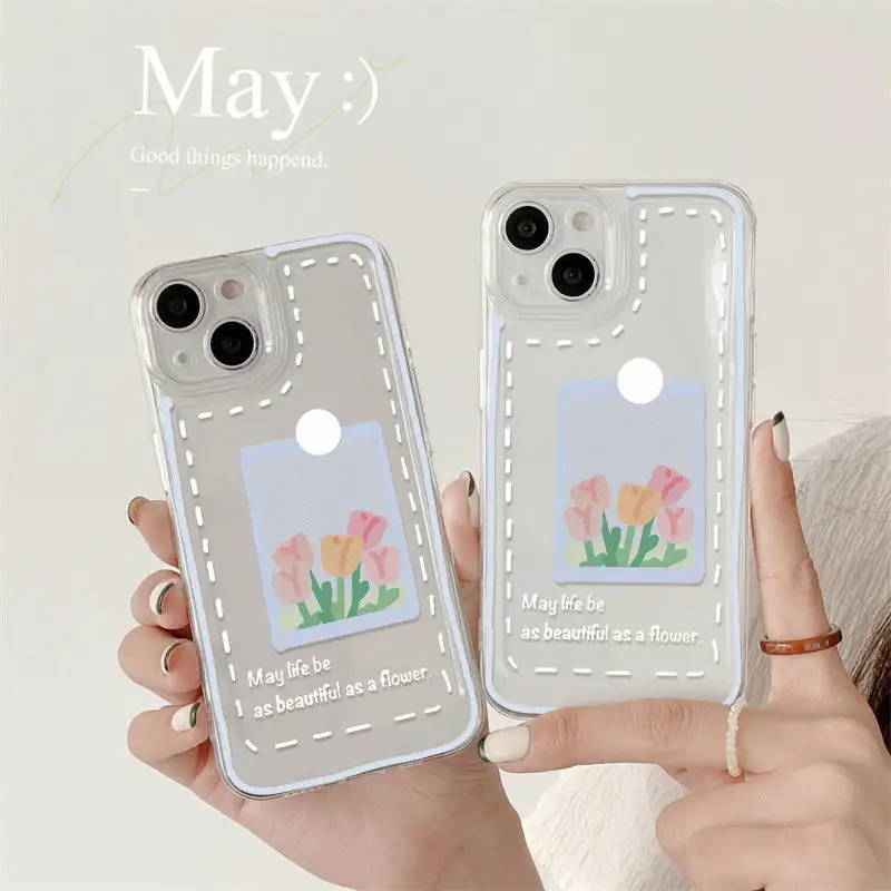 Capa de telefone transparente com estampa de tulipa, wowcase 2023, estilo de caixa de telefone para iphone 11, 12, 13, 14