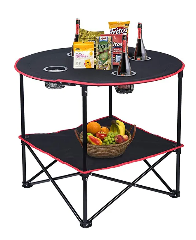 Mesa redonda plegable para exteriores, mesa de pícnic portátil para acampada, barbacoa, con bolsa enfriadora, soportes para vino