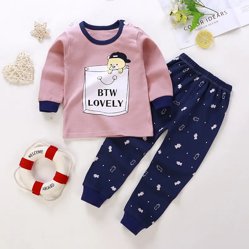 Baumwolle langes Schlafen für Kinder Baby Baumwolle Rundhals Pyjama für Kinder Jungen Mädchen für zu Hause tragen 2-teilige Sets