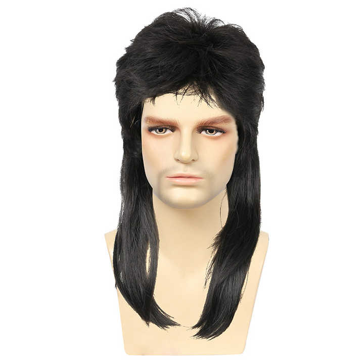 Kaneles Mullet Brown Black 80's Rock Mullet Adult Men's Party Synthetic Wig Fluffy Short Curly Head Cover