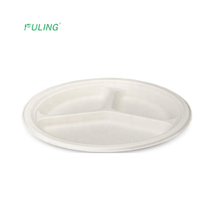 % 100% compostable 9 10 inç yuvarlak ağır hizmet plakaları 3 bölmeli çevre dostu tek kullanımlık şeker kamışı kağıt tabaklar