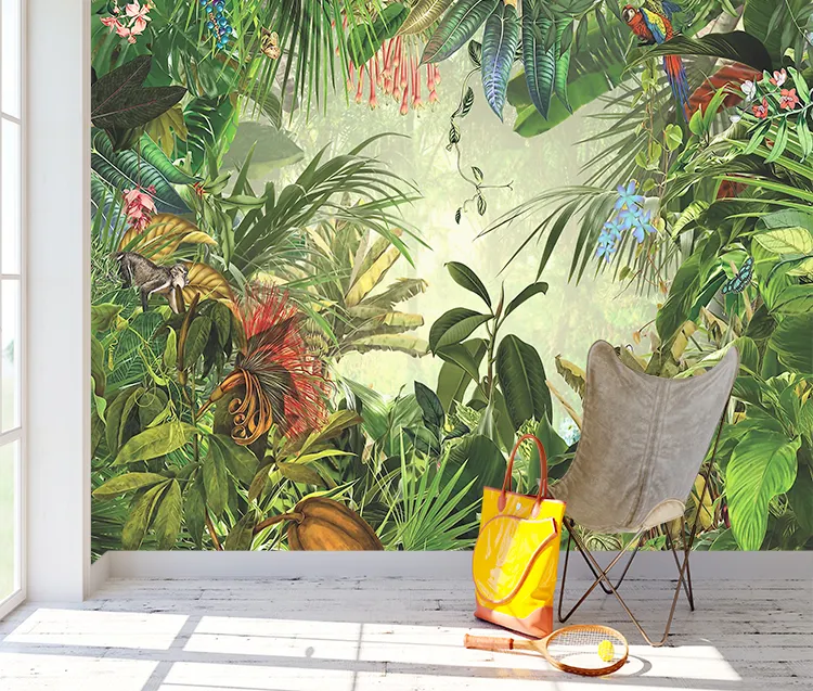 Papel tapiz 3d de selva Tropical, decoración de pared, Mural de loro, Mono