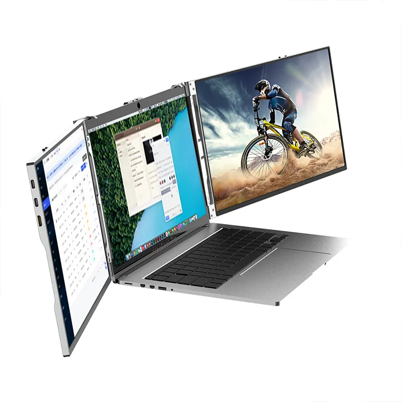 Extensor de pantalla Triple para portátil OEM/ODM de fábrica, monitores LCD Dual de 14 pulgadas 1080P, monitor portátil de tres pantallas para portátil