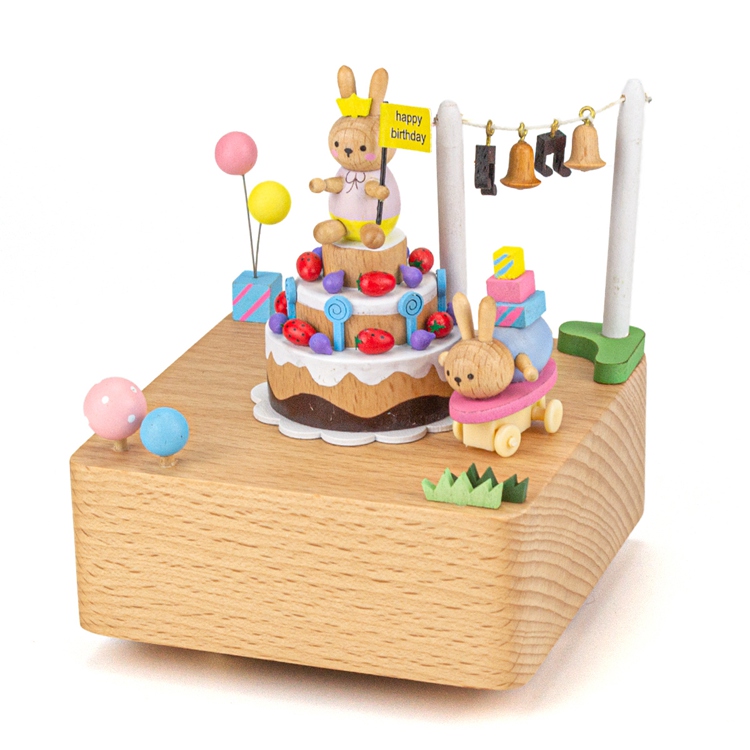 52705802 marrón - Caja de música de madera con forma de conejo de feliz cumpleaños