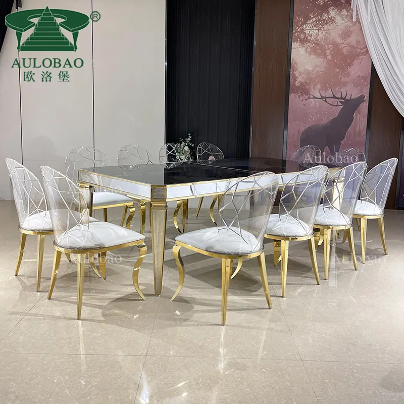 Mesa de comedor de acero inoxidable con espejo y tapa de cristal, mesa de boda para restaurante, 12 asientos