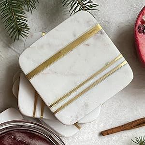Marble <strong>Square</strong> Coaster 10cm Wide Drink Coasters - <strong>White</strong> Marble Coasters with Gold Brass Inlay <strong>Set</strong> of 6pcs - Product Image 6