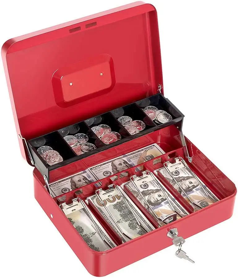 Geldkassette mit Geld ablage und Schlüssels chloss Große Geldkassette aus Metall mit freitragender Münz ablage und 4 feder belasteten Clips