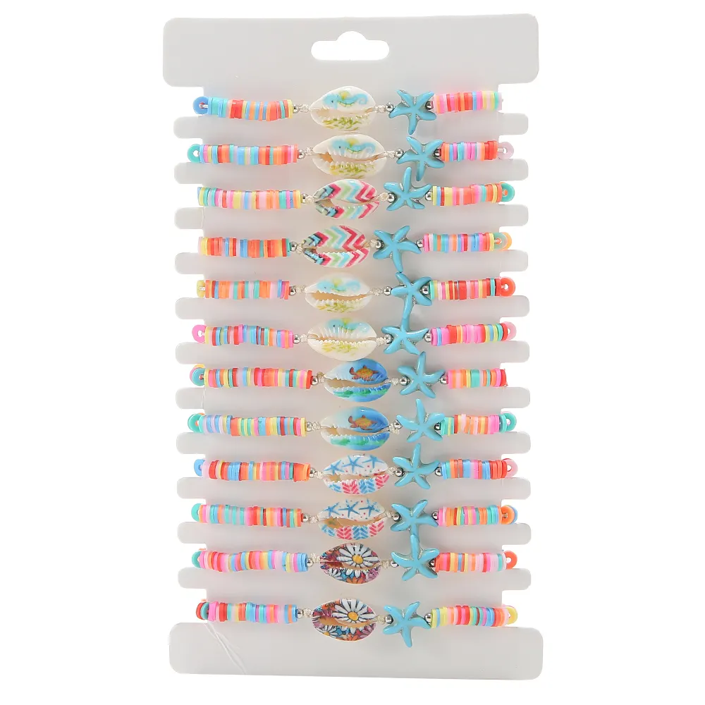 Conjunto de pulsera de arcilla polimérica con cuerda encerada, brazalete ajustable con cuerda, colorido, Concha turquesa, viento bohemio, Hawái