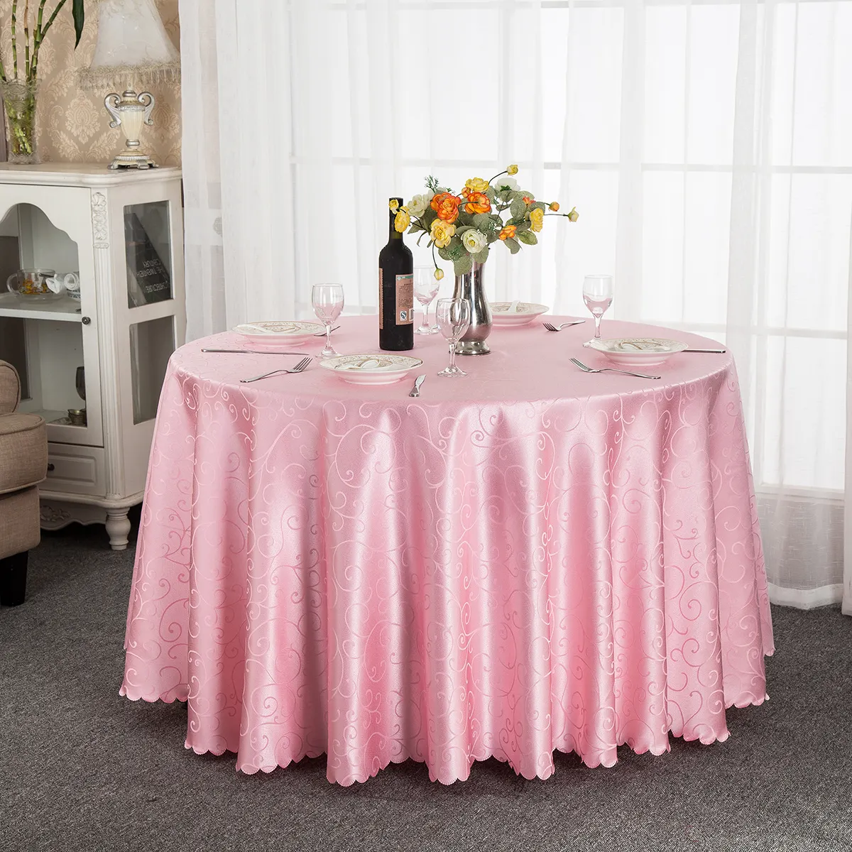 Manteles de mesa de Jacquard redondos para eventos, mantel de poliéster lavable con flores de ganchillo de 120 pulgadas para decoración de mesa redonda, color rosa