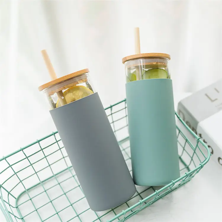 Glass Water Bottle with Straw Silicone Protective Sleeve Bamboo Lid 24oz Glass Tumbler