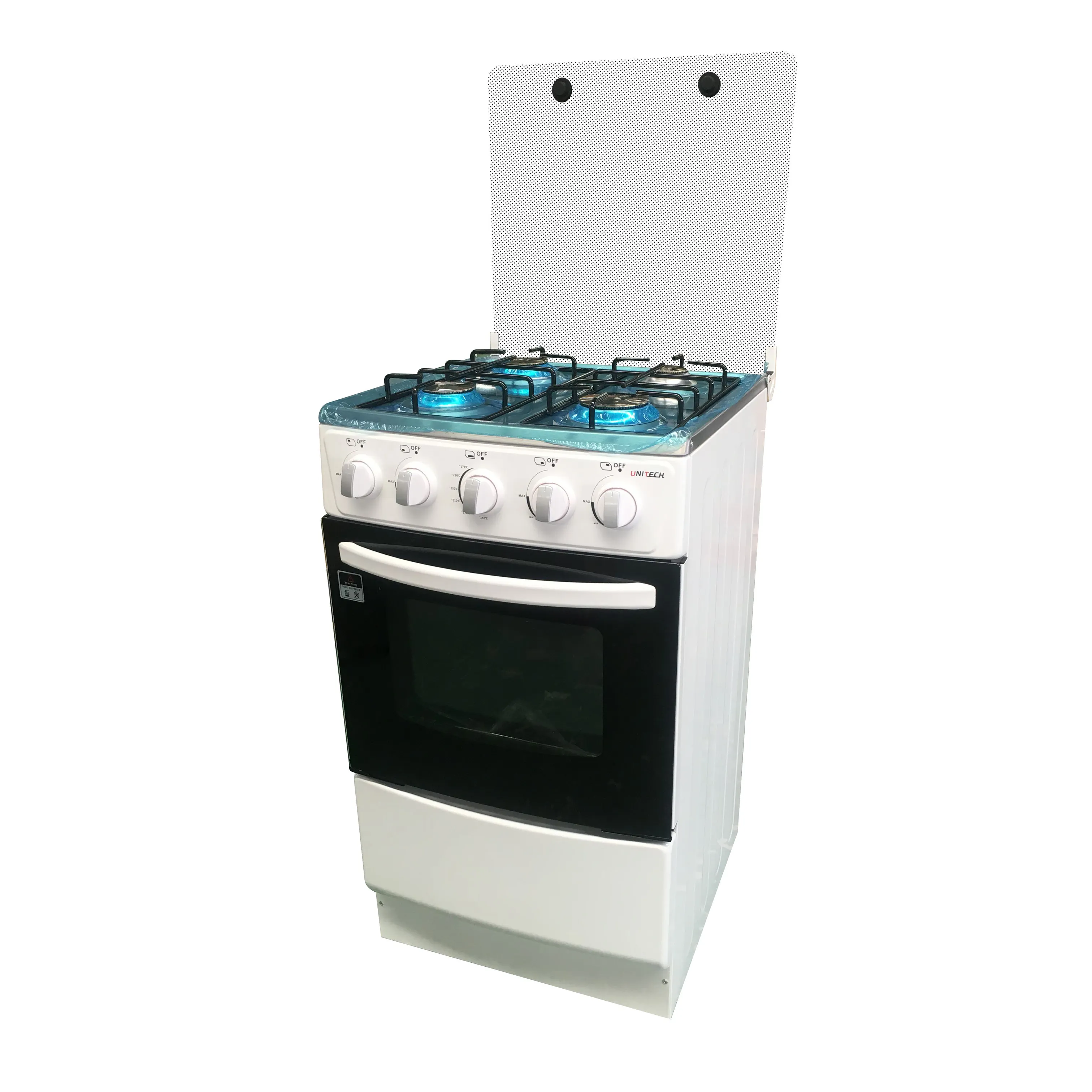 Tempered glass top four brass burner gas stove with range oven