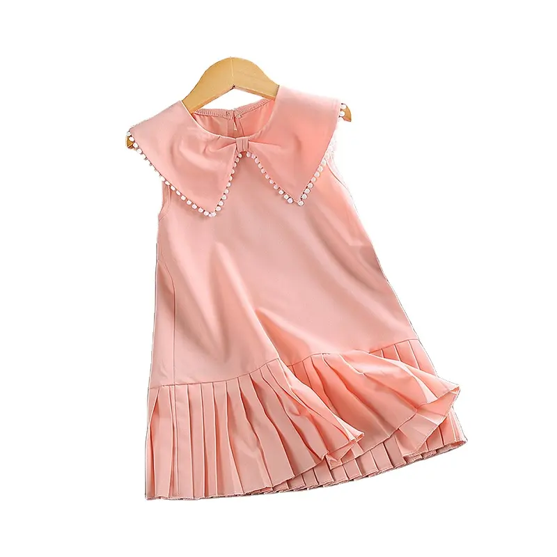 Kids Clothes 2024 Summer New Children's Solid Pink Dress Turn Down Collar Sleeveless Princess Dress for Children Wholesale