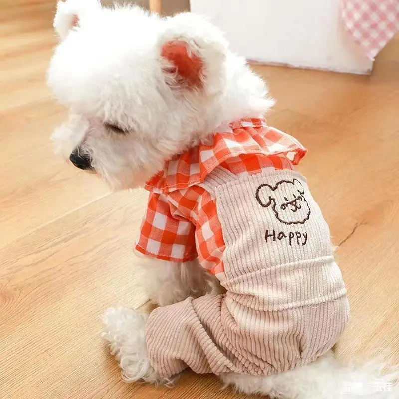 Penjualan langsung pabrik pakaian hewan peliharaan musim gugur dan musim dingin kerah kucing anjing kotak-kotak tepi kerah lotus teddy suspender anjing bahagia