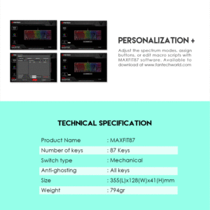 FANTECH Customizable Mint Green Spanish <strong>Keyboard</strong> 87 Keys <strong>Programmable</strong> Rgb Backlight Wired <strong>Mechanical</strong> <strong>Keyboard</strong> - Product Image 6