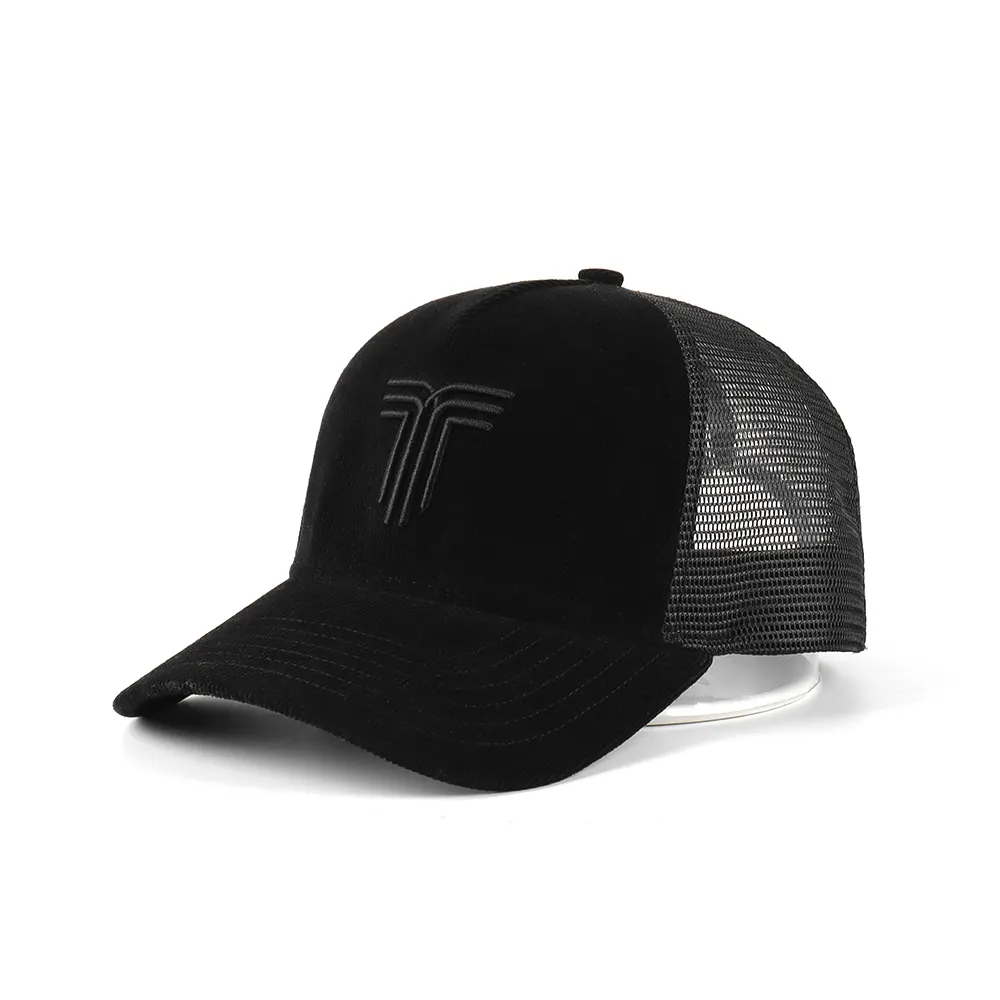 OEM 3D thêu 5 bảng điều chỉnh tùy chỉnh màu đen Trucker Hat gorras bán buôn vải to sợi mũ có thể điều chỉnh đồng bằng lưới Mũ bóng chày