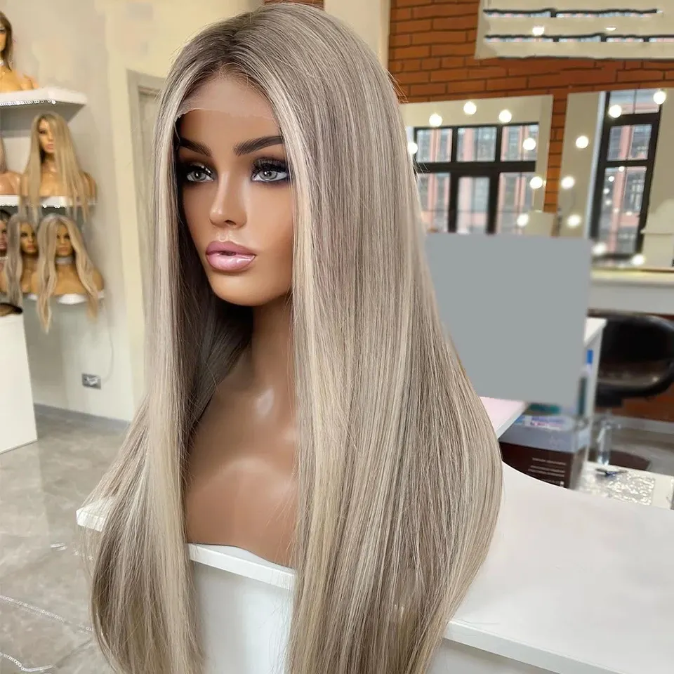 Full Lace Pruiken Menselijk Haar Voor Vrouwen Highlight Asgrey Blonde Rechte Pruiken Met Zijden Basis Transparante Kanten Pruiken 10-30"