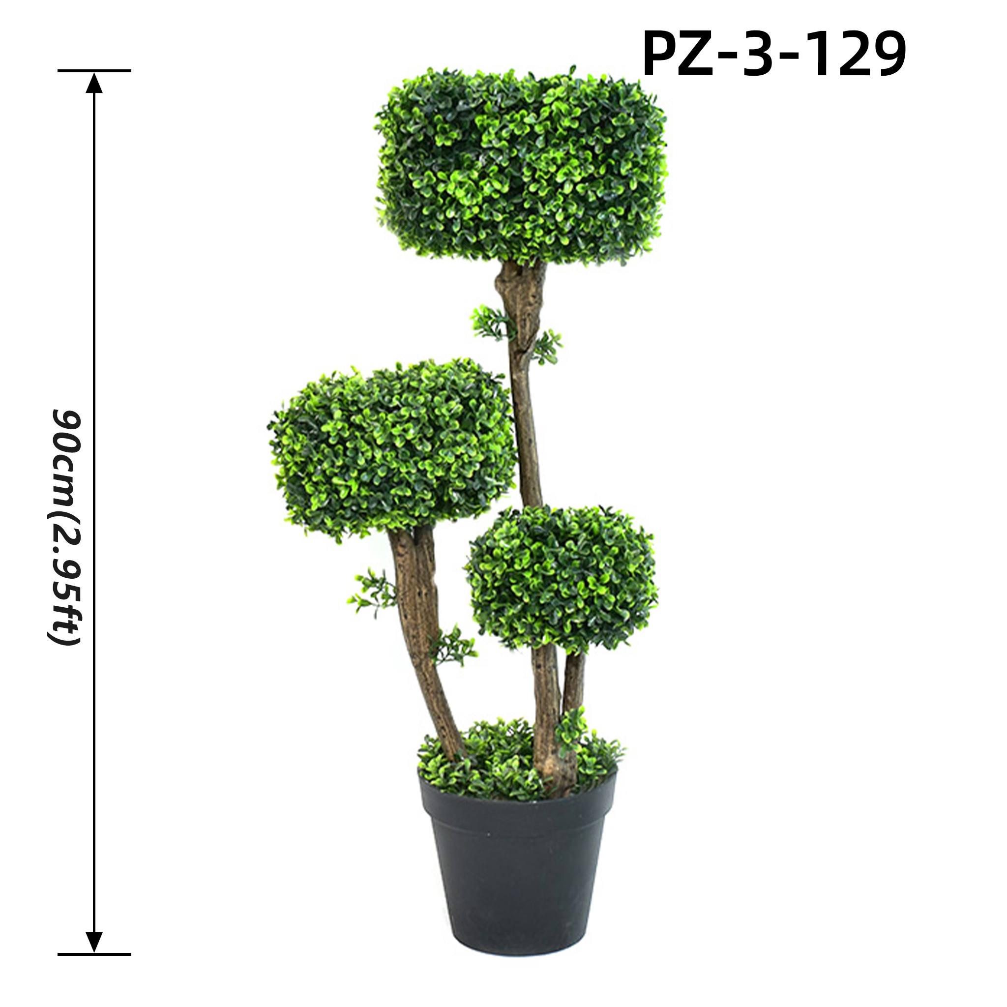 Arbre topiaire en buis vert triple carré-rond (90 cm/2,95 pieds)