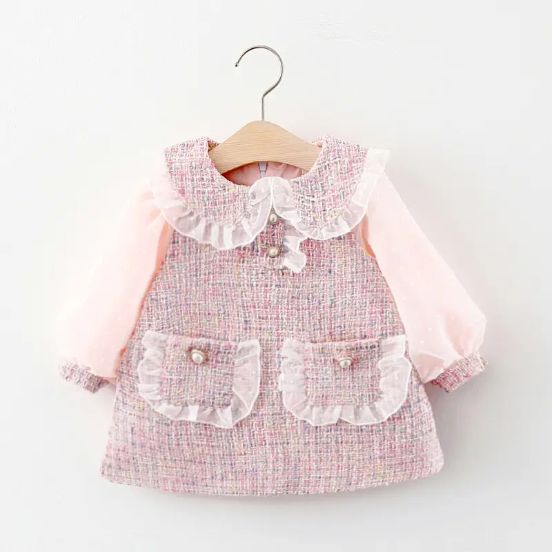 Vestido de manga larga para niñas pequeñas, ropa informal con cuentas y bolsillos, estilo coreano, venta al por mayor