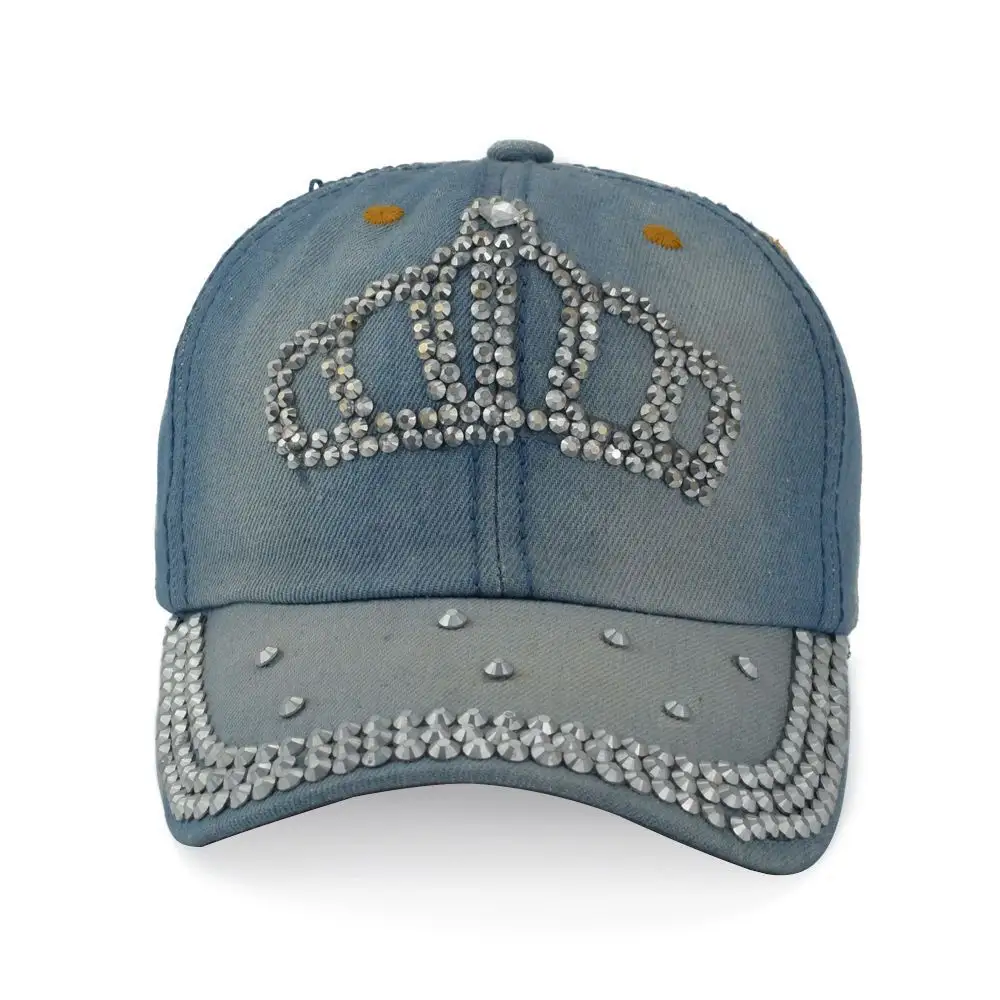 Nueva moda letra Bling Denim Rhinestone deportes sombreros al por mayor logotipo personalizado lavado algodón Vintage Denim gorras de béisbol mujeres hombres