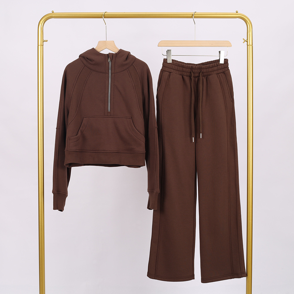 Roasted brown hooded half-pull sweat pants set