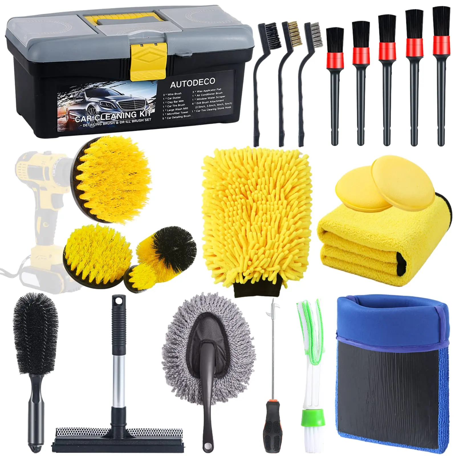 23 pièces extérieur intérieur lavage de voiture outils de nettoyage Kit pneu serviettes perceuse brosse fenêtre grattoir ensemble avec boîte équipement de lavage de voiture