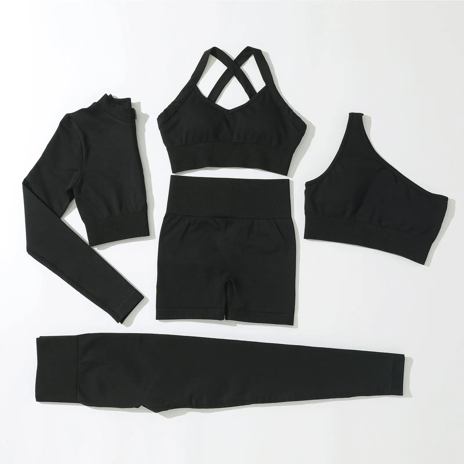 Atacado roupas esportivas 5 peças conjunto sem costura fitness yoga conjuntos de academia fitness roupas de treino feminino