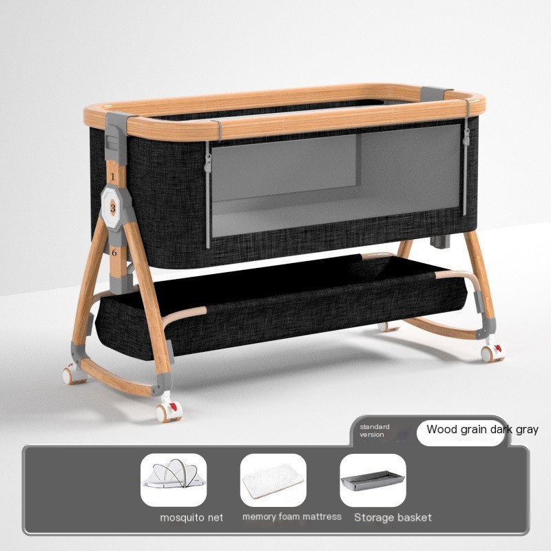 Wood grain - black grey -mattress + mosquito net + base frame