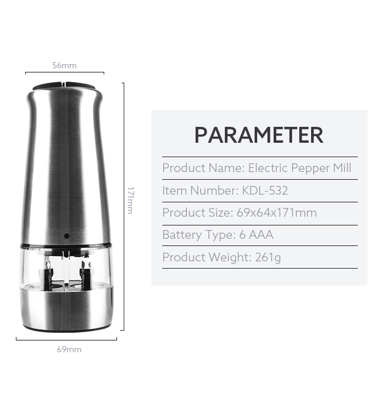 6 AAA batteries operated stainless steel electric pepper grinder salt mill 2 in 1 dual mill