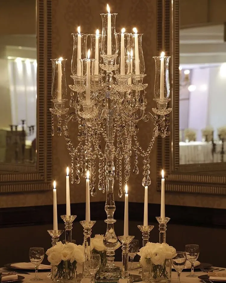 MH-1677 9 arms candeliere di cristallo di cristallo trasparente candelabro per la tavola di nozze centrotavola