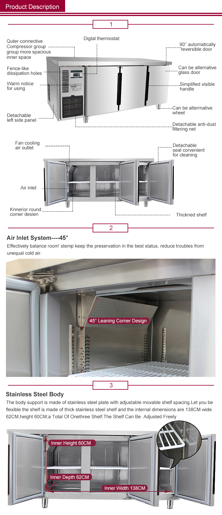 Commercial Hotel Kitchen Freezer 1.8m Horizontal Freezer Stainless Steel Undercounter Freezers