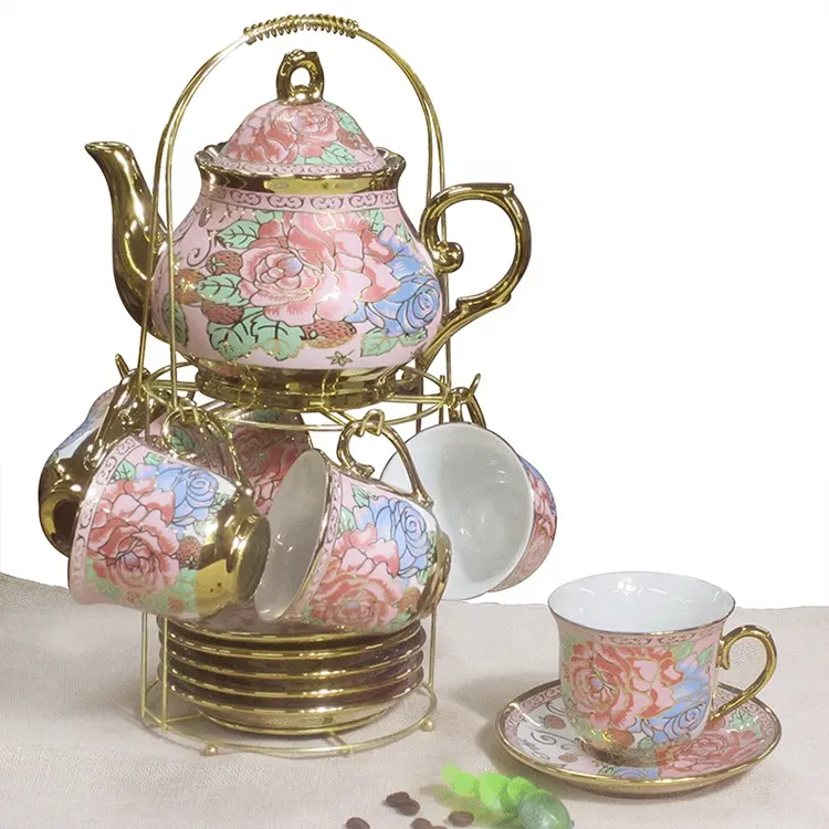 Yeni tasarım renkli porselen altın kaplama avrupa tarzı high end çay seti demlik