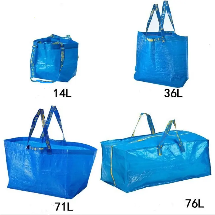 Vente en gros de sacs Frakta bleus de 50kg de grande taille, sacs de rangement de bâche laminée tissée PP de Shopping réutilisable de haute qualité