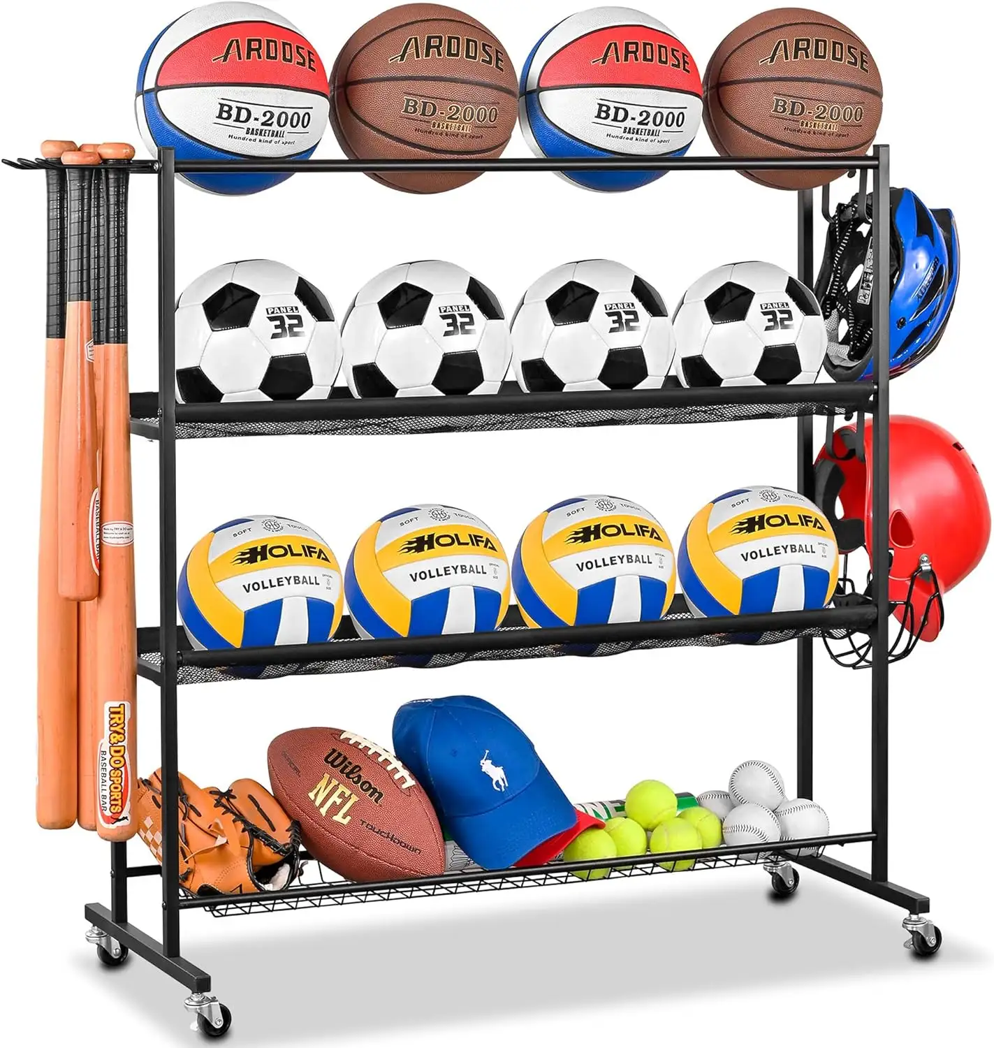 Almacenamiento de bolas con soporte para bate de béisbol, estante para bolas rodantes con malla de nailon extraíble para varios tamaños de bolas