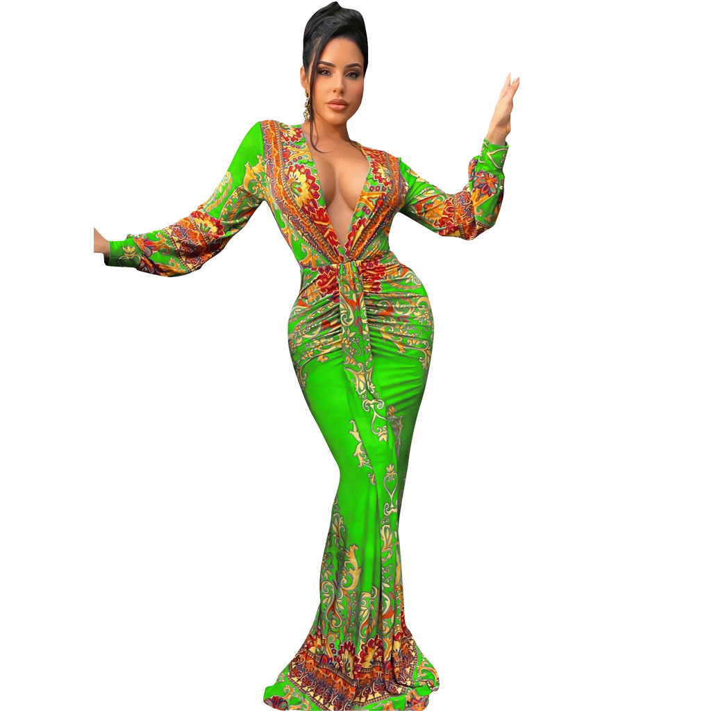 CM.YAYA Women Paisley Elegant Ruched Deep V-neck Long Sleeve Mermaid Bodycon Midi Maxi Dress Sexy Party Night Prom Long Dresses