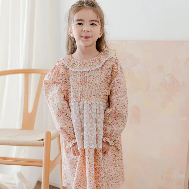 Vestido infantil de 2022, novo design para meninas vestido com babado decote floral impresso
