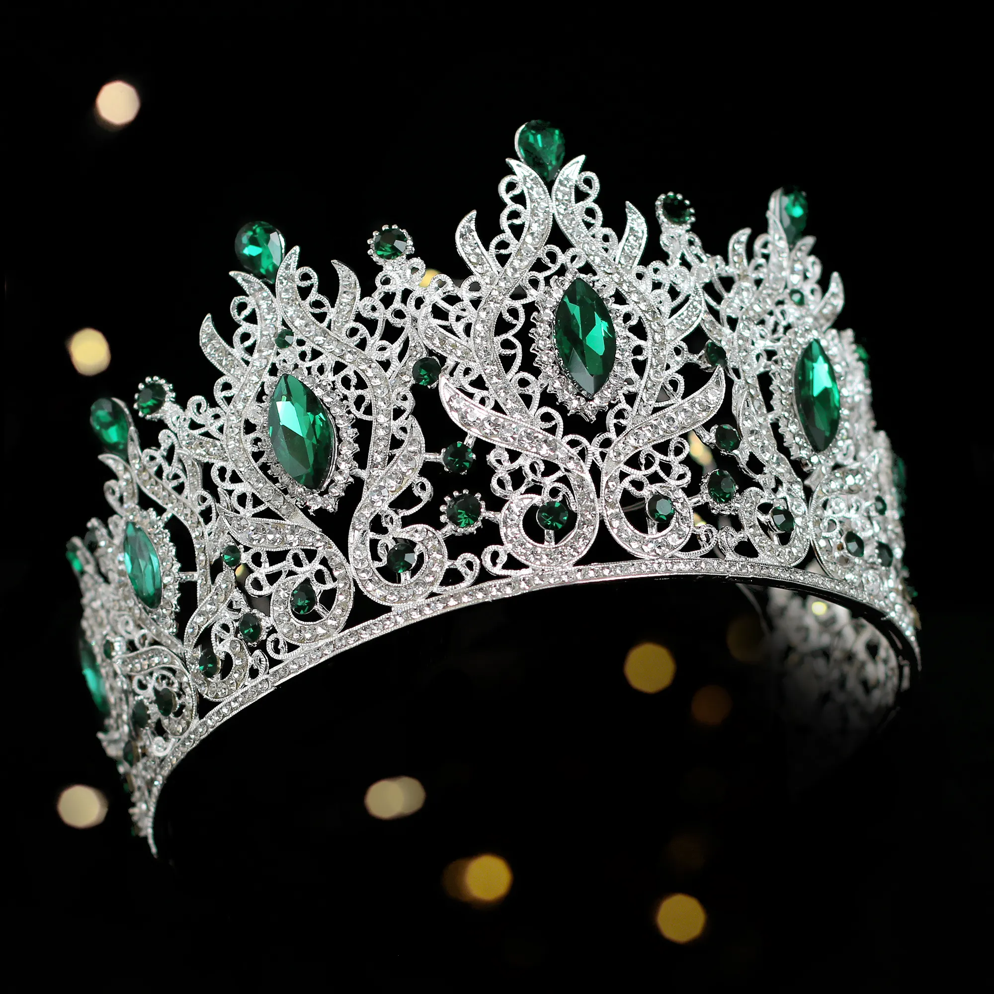 Tiara con diamantes de imitación para boda, corona nupcial con diamantes de imitación de gran lujo, color verde esmeralda, cristal plateado, para reina