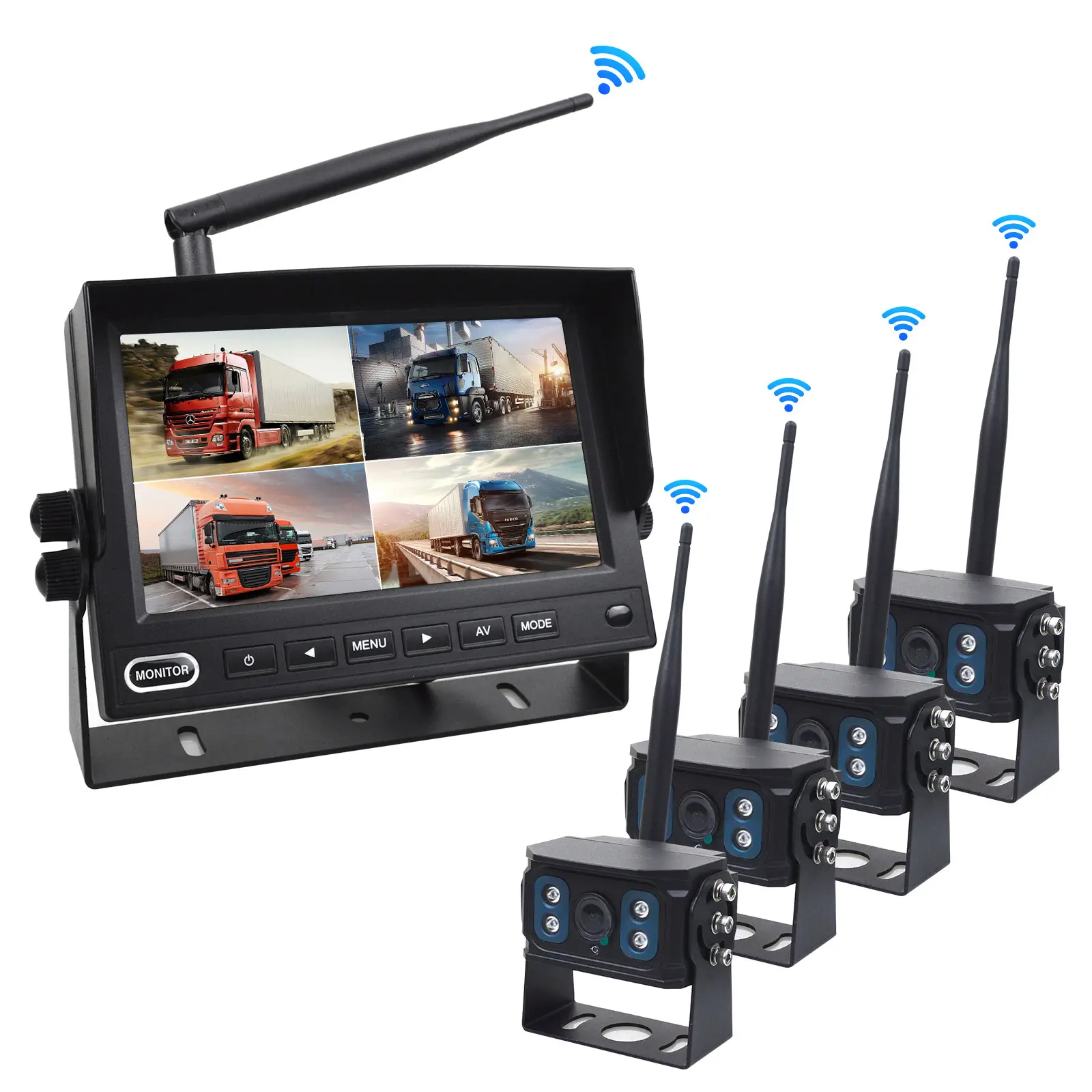 7'' Quad Split IPS Screen Wireless Rear View Camera Waterproof Night Vision 2.4G Digital Wireless Car Rearview Backup Camera Kit