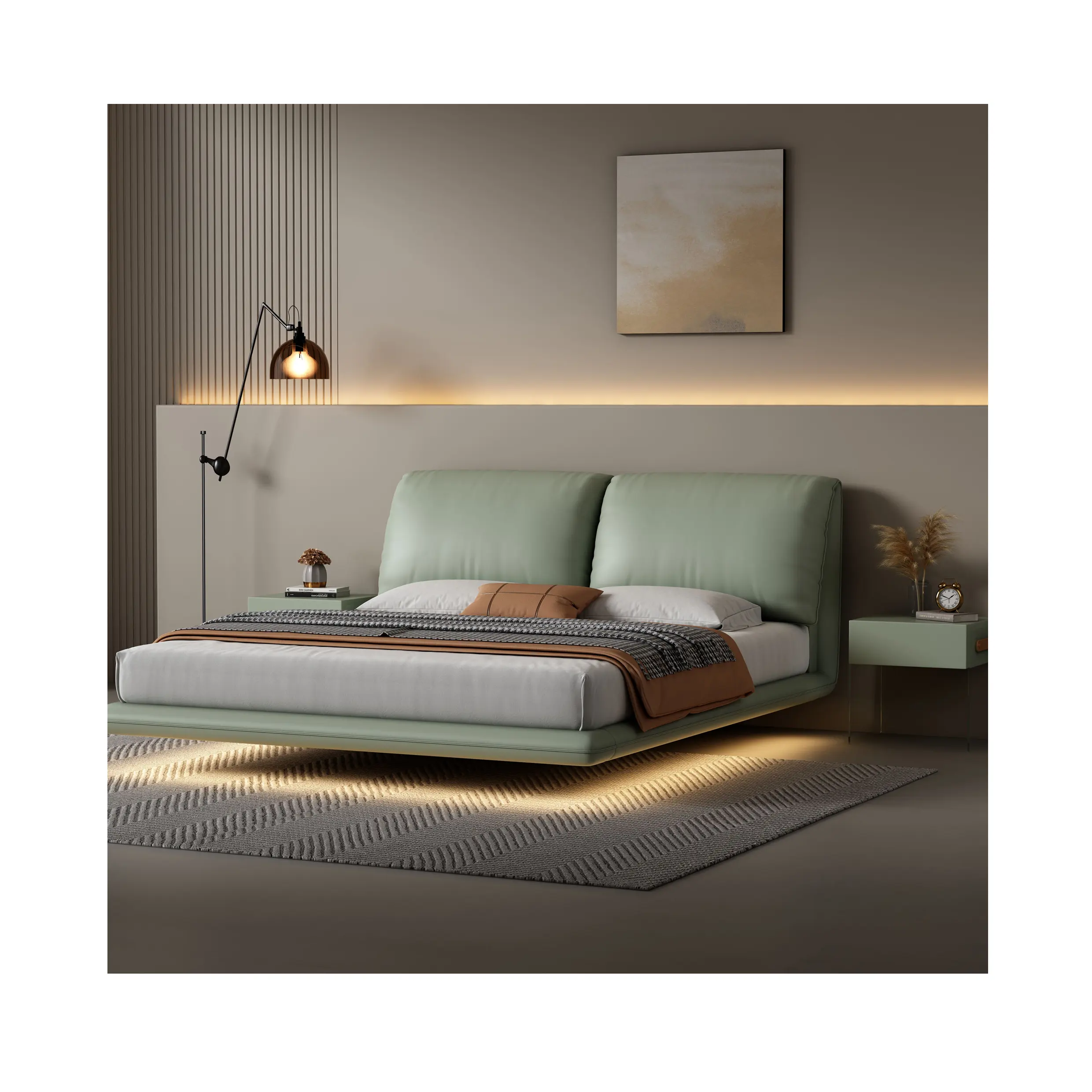 Cama dupla masculina futurista mágica, cama plataforma flutuante, cama com luz flutuante