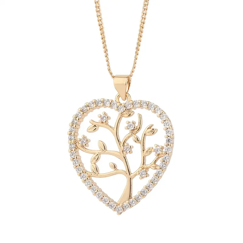 Diseño de moda Árbol DE LA VIDA Colgantes en forma de corazón Collar de cadena Mujeres Niñas Vintage 18K Chapado en oro Gargantilla Collar