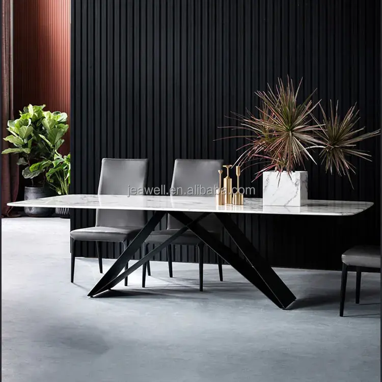 A sala de jantar ajusta a cozinha a perna preta moderna do preto retangular mármore superior da tabela de jantar com a cadeira jantando ajustou para 8