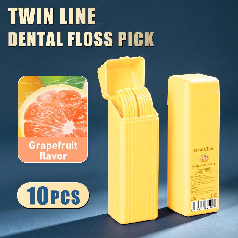 Fil dentaire F double ligne saveur pamplemousse 10 picks/boîte- jaune