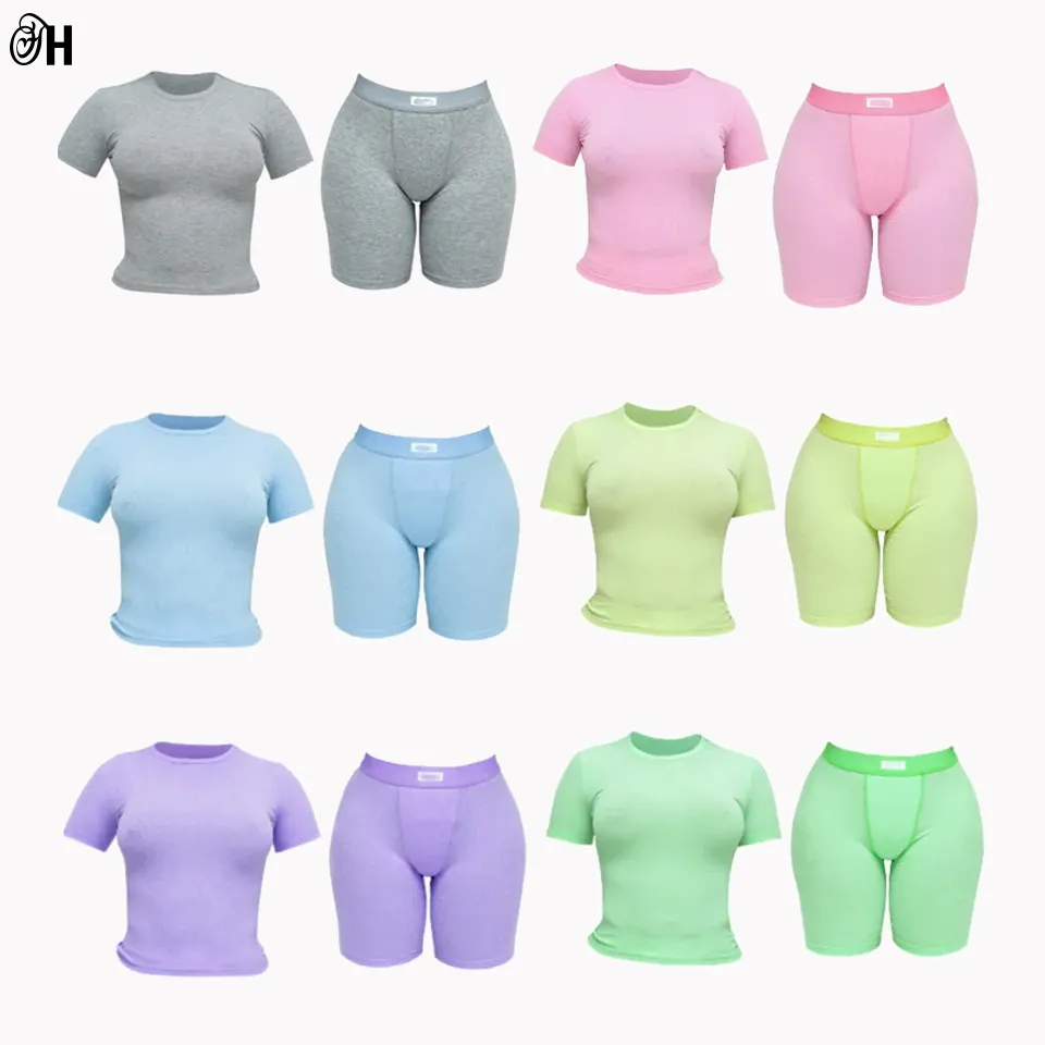 Individuelles Frühjahrs-Damen-Set Individuelles Logo Loungewear Baumwolle gerippte Outfits Kurzarm Shirit Damenshorts zweiteilig