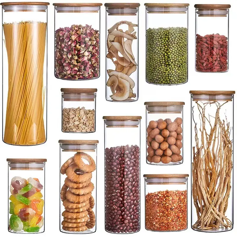 Récipient de stockage de nourriture hermétique en verre borosilicaté de cuisine en gros avec couvercle en bois de bambou