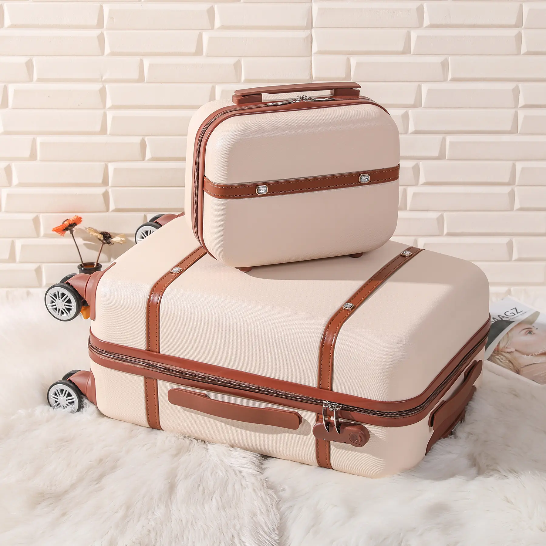 Julho Vintage 2 peça bagagem define trole ABS viagem mala bagagem conjunto com saco cosmético
