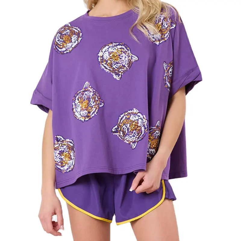 Camiseta feminina Lsu Tiger Face Lantejoulas personalizadas de verão para mulheres de algodão macio bordado lantejoulas esportivas camisa feminina Tiger Face